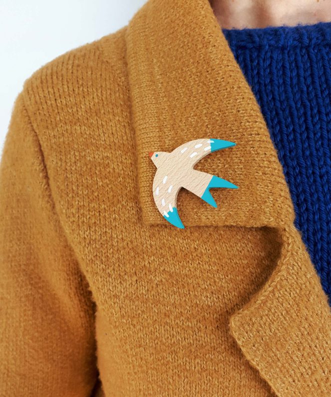 swallow wooden brooch blue