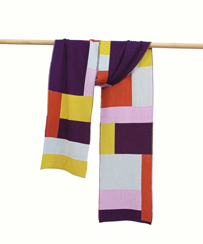 landscape merino wool scarf in aubergine and pink